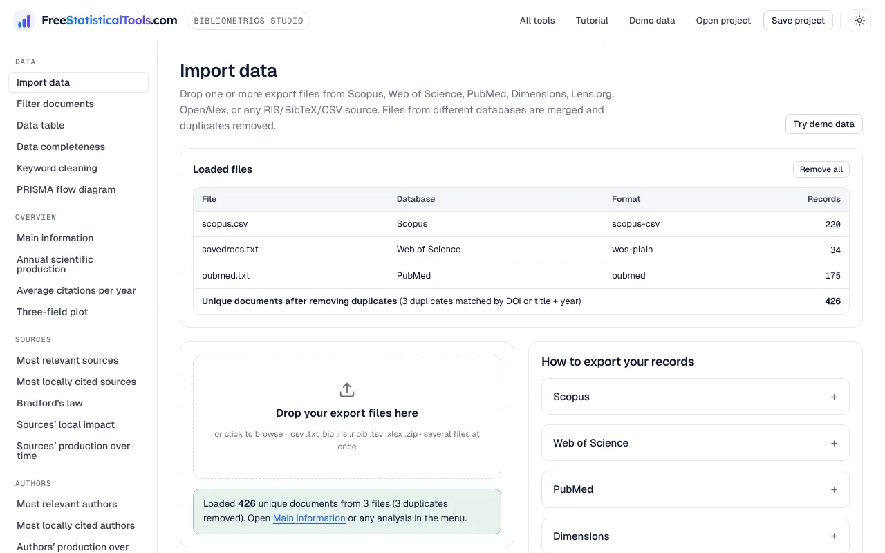 Import page listing Scopus, Web of Science and PubMed files with duplicates removed
