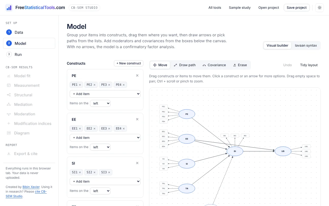 Visual CB-SEM model builder with constructs, items and drawn paths